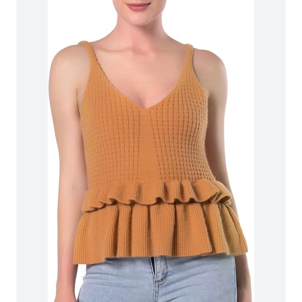 Knit Peplum Cami Ruffle Hem Boho Retro Festival Mustard Yellow Women Small